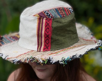 patchwork sombrero de cáñamo ecológico multicolor con bordes deshilachados, sombrero de cáñamo boho, sombrero estilo hippie, sombrero de festival, sombrero vegano, con alambre
