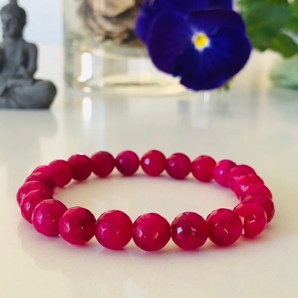 Natural Indian Ruby healing bracelet, faceted round beads stretch bracelet, protection stone , heart healing, psychic attacks shield