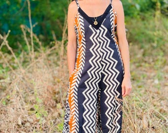 Handprinted Cotton Jumpsuit: Adjustable Straps, Bohemian Style