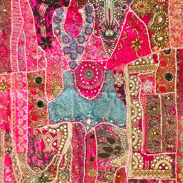 Indian  Wall Hanging/Table cloth Handmade in  Barmer Rajasthan, Zardozi, Ethnic Art,Bohemian tapestry, vibrant pink, Vintage saree