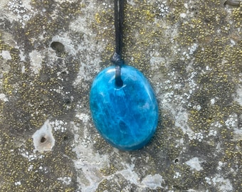 Oval Apatite Stone Necklace on Natural Cotton Cord – Minimalist Handmade Jewelry