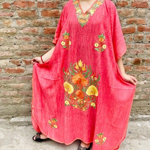 Embroidered Crushed Cotton Kaftan Dress: Boho Chic Maxi Dress