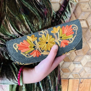 Elegant embroidered clutch handbag, stylish faux leather rayon decorated evening handbag, floral embroidery, embroidered evening purse