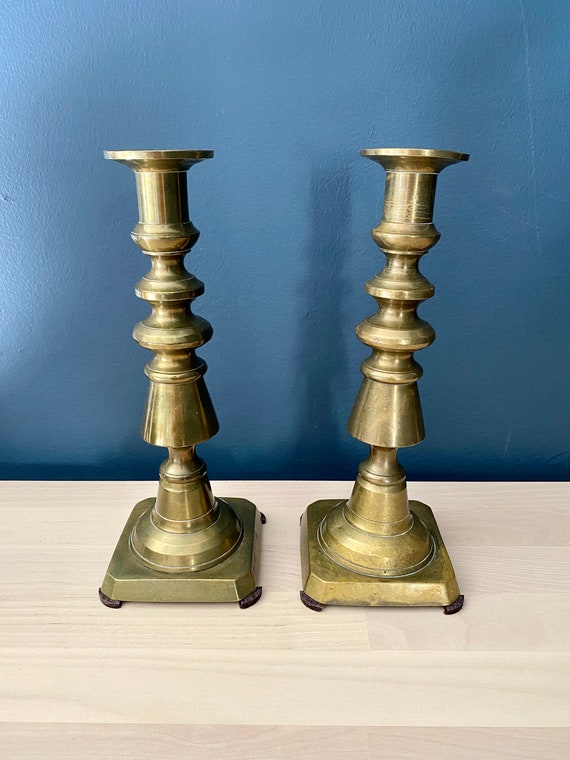 19th Century Push up Brass Candlesticks 