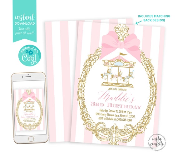 carousel printable birthday invitation instant download girl circus invite pink and gold girl first 1st birthday instant download carousel invitations