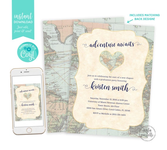 Maptravel Printable Graduation Invitation Instant Download Etsy
