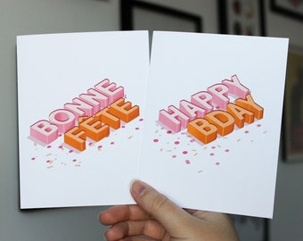 Birthday Card | Happy Birthday | Bonne Fête | Personalized Message | Friendship | Greeting Card | Digital Art | Lettering