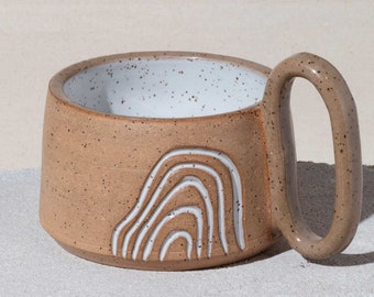 Wide Boho Tan Speckled Stoneware Mug - Handmade Ceramic Wave Mug, Boho decor style pottery