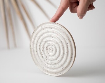White Speckled Stoneware Handmade Ceramic Dish - Stoneware Coaster, Ring Dish