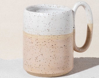 Pink and White Speckled Stoneware Mug - Tall Handmade Ceramic Mug, Boho decor style pottery