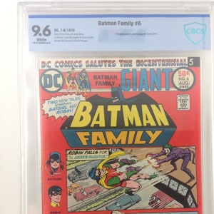 Puede incluir: Una portada de cómic con Batman y Robin. La portada es roja, amarilla y azul con el título "Batman Family Giant" y el número de edición "No. 6". El arte de la portada muestra a Batman, Robin y Batgirl en acción.