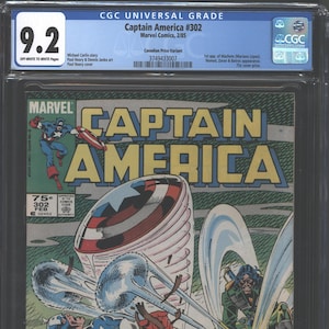 May include: Captain America #302 comic book cover featuring Captain America in a blue and red costume fighting a green-clad villain. The cover text reads "Captain America" and "Machete Means Mayhem!"