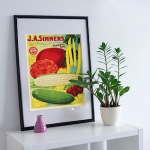 Könnte beinhalten: Ein gerahmtes Vintage-Saatgut-Paket-Anzeigenblatt für J.A. Simmers, einen Saatguthändler in Toronto, Ontario. Die Anzeige zeigt eine farbenfrohe Illustration einer Tomate, Mais, Gurke und Bohnen.