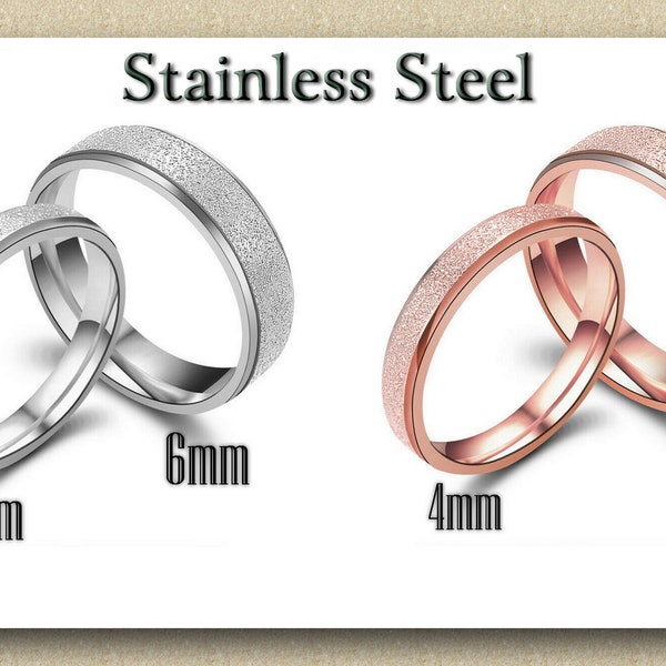 Stainless Steel  Mens(Womens)  4mm or 6mm Silver or Rose Gold  Frosted Ring >Wedding Band<  Midi, Thumb Ring Tropical