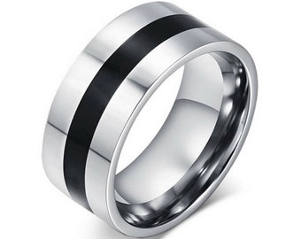 Stainless Steel Ring With Black Enamel Band 9mm, Wedding band, Thumb Ring, Comfort Band