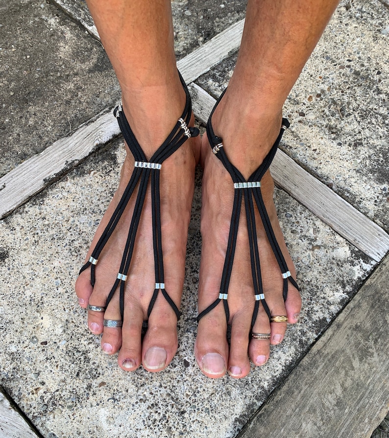 Barefoot Sandals Black Night Mens Foot Jewelry Sole less Sandals Beach wear One Pair Large 9.5-13