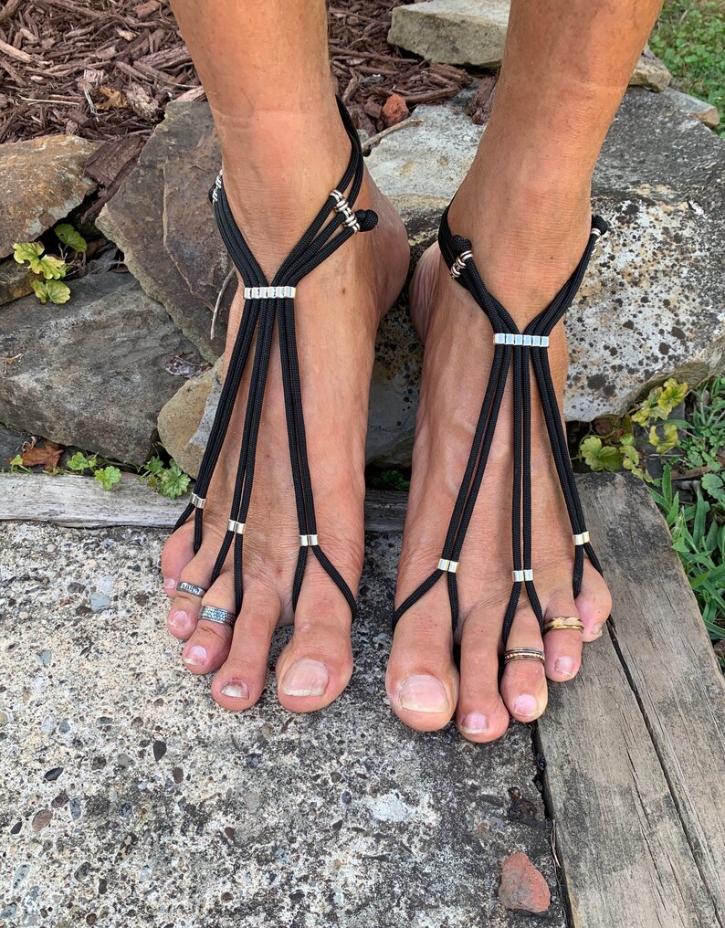 Barefoot Sandals Black Night Mens Foot Jewelry Sole less Sandals Beach wear One Pair Small 5-7