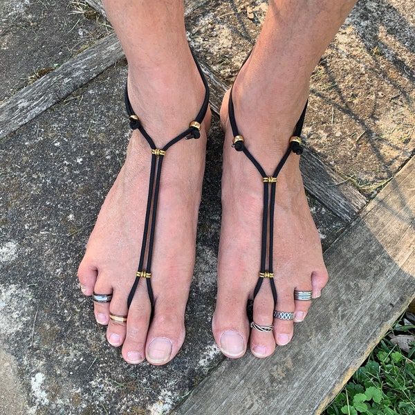 Barefoot Sandals Breeze | Men’s | Foot Jewelry | Paracord w/ Stainless Steel Gold Beads | Sole less Sandals | Beach wear | One Pair