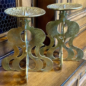 Pair of Solid Brass Mid-Century Brutalist Candleholders Handmade in Austria