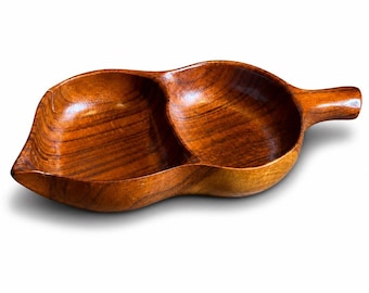 BLAIR Honolulu Hawaii Koa Wood Taro Leaf Shaped Double Bowl Signed 50s.