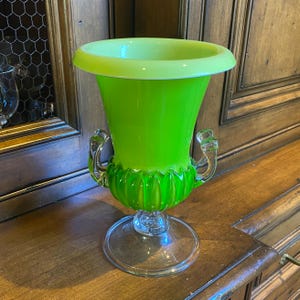 EMPOLI Italy Cased Hand-Blown Green and Clear Glass Footed Urn Vase with Handles Mid-Century 1960s