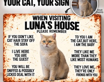 Personalised Cat Photo Metal Sign – Custom Name Aluminium Plaque – Funny Pet House Rules, Catio Kitchen Garden Wall Art