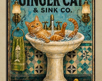 Ginger Cat Bathroom Wall Art Bathroom Metal Sign, Cat Handwash Sign Wash your Paws