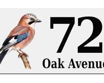 Personalised Jay House Number Sign, Custom Metal Address Plaque, Bird Lover Gift, Outdoor