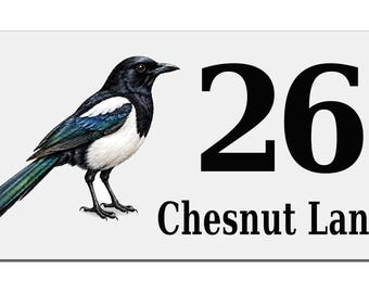 Personalised Magpie House Number Sign, Custom Metal Address Plaque, Bird Lover Gift, Outdoor
