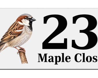Personalised Sparrow House Number Sign, Custom Metal Address Plaque, Bird Lover Gift, Outdoor