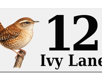 Personalised Wren House Number Sign, Custom Metal Address Plaque, Bird Lover Gift, Oudoors