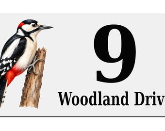 Personalised Great Spotted Woodpecker House Number Sign, Custom Metal Address Plaque, Bird Lover Gift, Outdoor