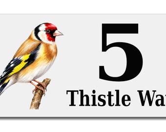Personalised Goldfinch House Number Sign, Custom Metal Address Plaque, Bird Lover Gift, Outdoor
