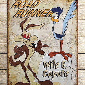 Funny Cartoon Style Road Runner & Wile E Coyote Aluminium Metal Garage Sign