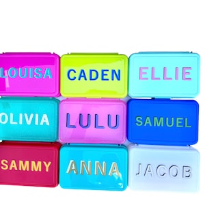 May include: Nine colorful rectangular boxes with different names written on them. The names are: Louisa, Caden, Ellie, Olivia, Lulu, Samuel, Sammy, Anna, and Jacob.