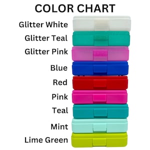 May include: Color chart showing different colors of plastic storage boxes. The colors are: glitter white, glitter teal, glitter pink, blue, red, pink, teal, mint, and lime green.