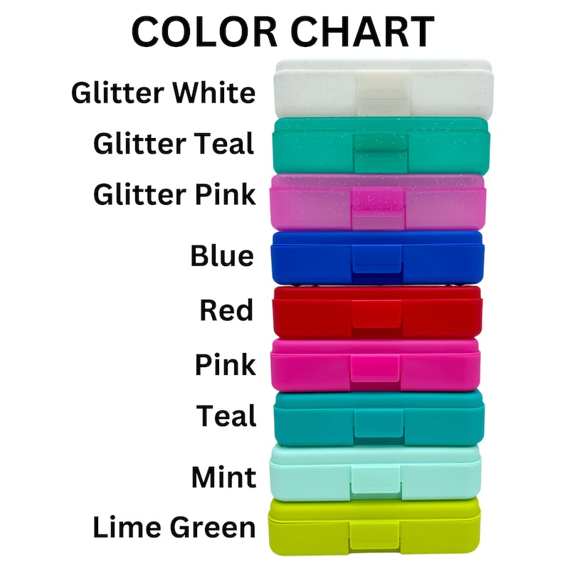 May include: Color chart showing different colors of plastic storage boxes. The colors are: glitter white, glitter teal, glitter pink, blue, red, pink, teal, mint, and lime green.
