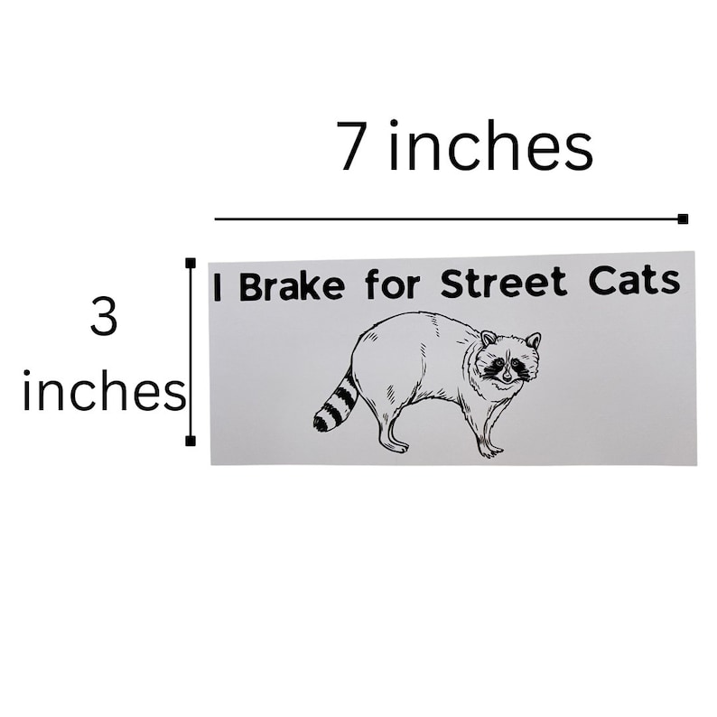 May include: A white sticker with black text and a black and white illustration of a raccoon. The text reads "I Brake for Street Cats". The sticker is 17.8 cm wide and 7.6 cm tall.