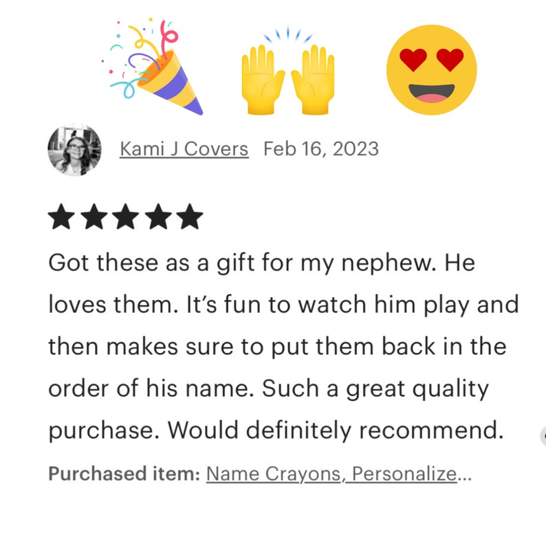 May include: A customer review for a product, featuring a five-star rating and text. The review mentions a gift for a nephew and the enjoyment of watching him play. The review is from Kami J Covers, dated February 16, 2023.