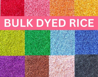 May include: Bulk dyed rice in a variety of colors, including red, pink, orange, yellow, green, blue, purple, brown, and black.