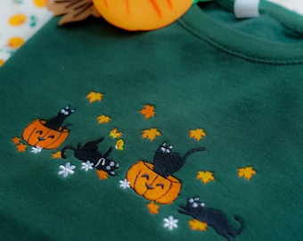 ハロウィン黒猫刺繍スウェットシャツ、パンプキン秋セーター、ハロウィンクルーネック、かわいい秋の不気味な季節、コウモリTシャツトップ、猫好きへのギフト