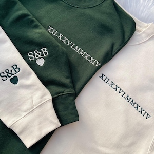 Personalised Roman Numeral Sweatshirt Matching Couples Hoodie, Initials on Sleeve, Custom Anniversary Date, Embroidered Crewneck, Valentine