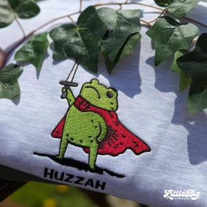 Huzzah Frog Embroidered Sweatshirt Hoodie, DnD Tabletop Club, Funny DnD Pullover, Renaissance Faire Frog, Medieval Fantasy Gamer Gift
