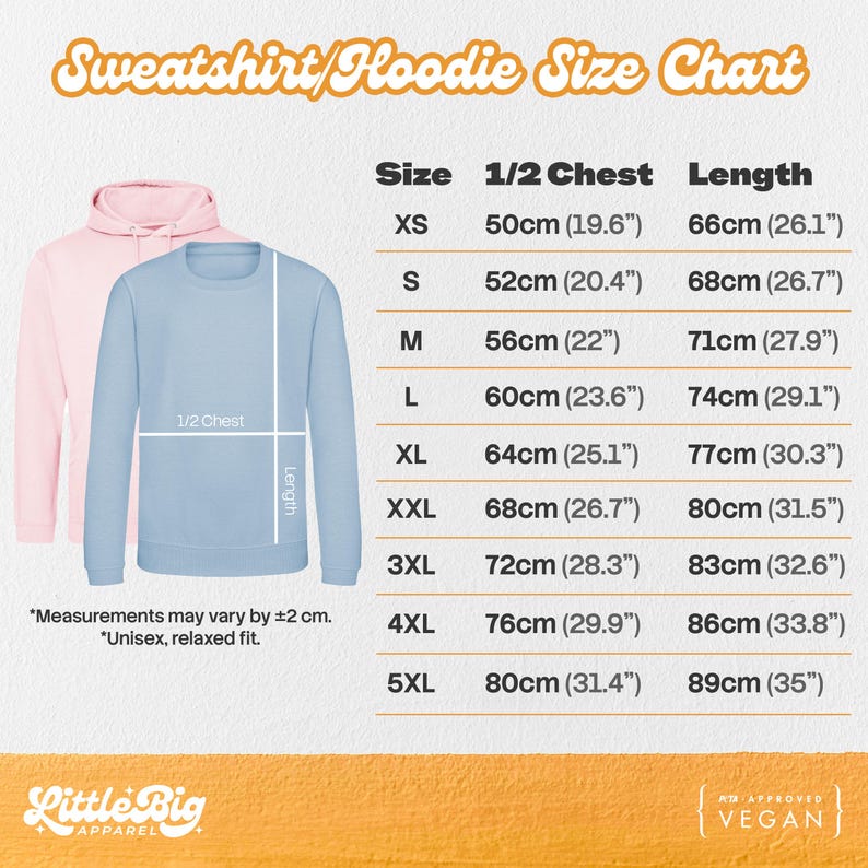 Sweatshirt and hoodie size chart showing unisex relaxed fit measurements from XS to 5XL, with 1/2 chest width and length listed in centimeters and inches, plus a diagram illustrating where chest and length are measured.
