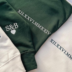 Custom Embroidered Roman Numeral Matching Date Hoodie Sweatshirt Custom Initials Valentines Day Gifts