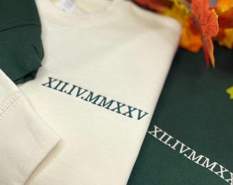 Roman Numeral embroidered Matching Hoodies with Custom Initials and Heart Sleeve, Personalized Anniversary Couple Hoodies, Matching hoody