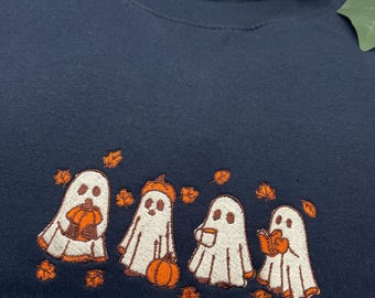 Halloween Ghost Embroidered Sweatshirt, Cute Ghost Reading, Spooky Season Fall Sweatshirt, Halloween Crewneck Embroidery, Halloween Gift