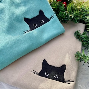 覗く黒猫パッチワーク刺繍スウェットシャツパーカー