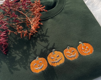 Embroidered Pumpkin Crewneck Sweatshirt - Fall Fashion - Cozy Autumn Sweater - Halloween Apparel - Handmade Embroidered Retro Pumpkin Faces