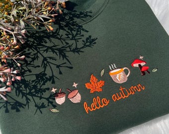 Sweat-shirt d'automne confortable brodé de feuilles tombantes, col rond feuilles d'automne, col rond de saison, Thanksgiving, broderie d'automne, botanique